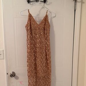 Sequin Embellished Slip Dress - Nude/Tan